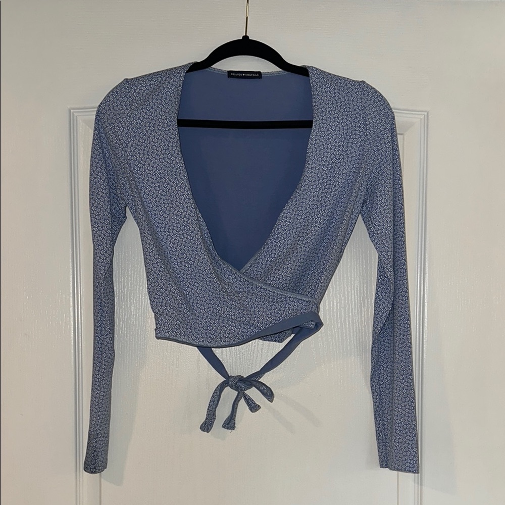 Brandy Melville Patterned Blue Wrap Blouse